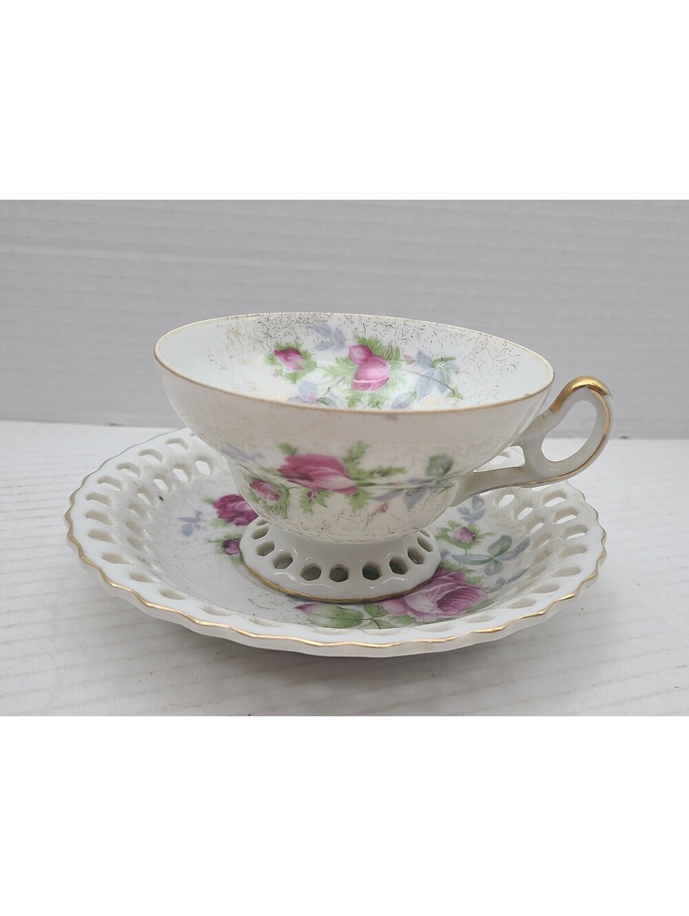 Fine Porcelain Teacup & Saucer Set Floral, Gold, Vintage 1950s Reticulated